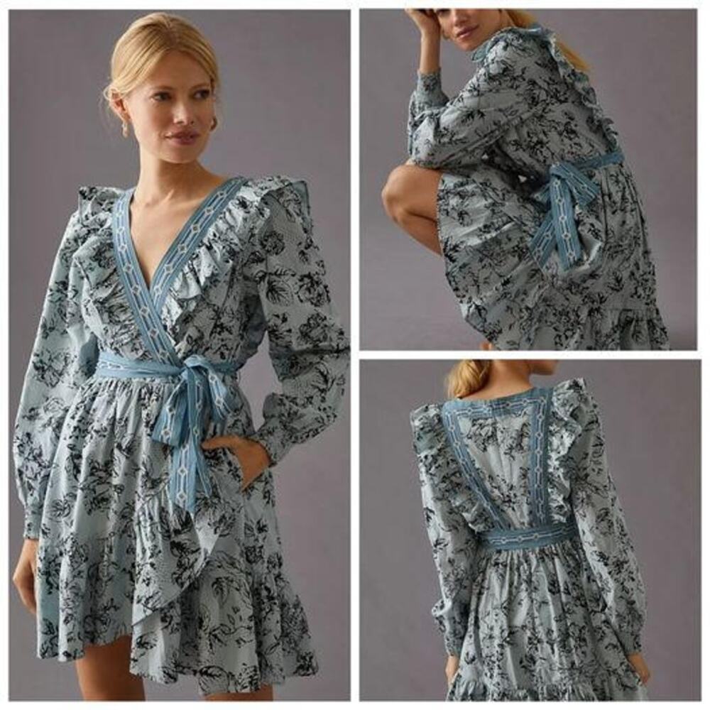 Anthropologie Ruffle Wrap Blue Floral Mini Dress Size XXS NWT